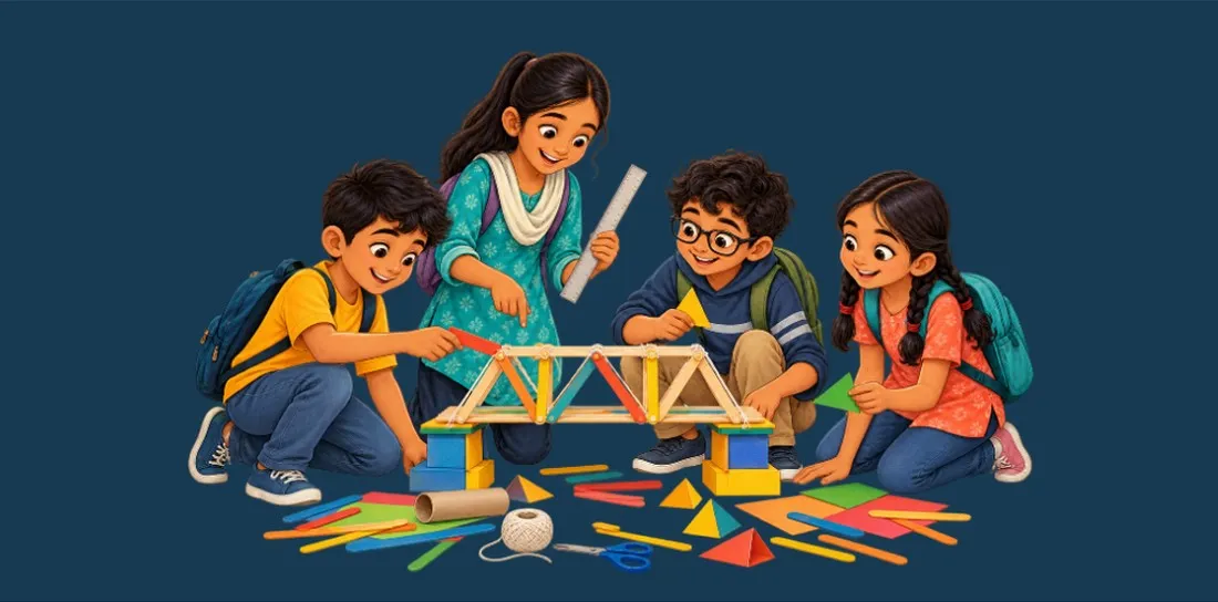 Four children building a bridge from craft sticks and coloured blocks