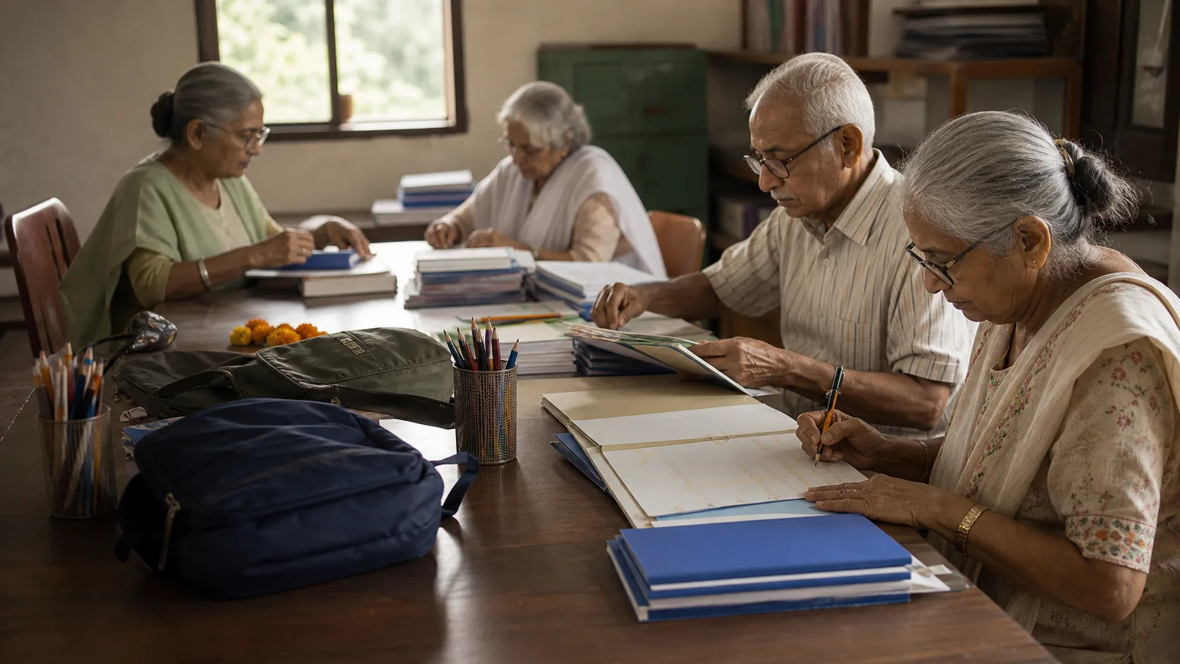 Senior volunteers preparing school support materials at a table